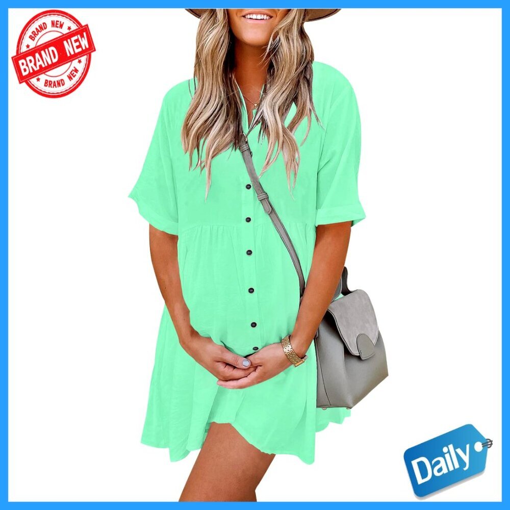 Short Sleeve Babydoll Dress with Pockets Button Down Tiered Midi